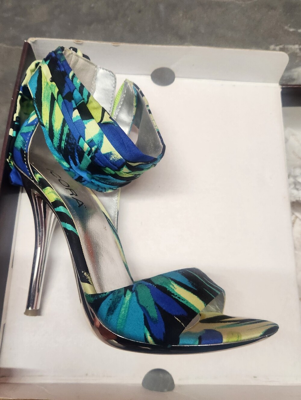 Icora Stylish Blue & Green Printed Ankle-Wrap Stiletto Sandals, Size 7, New